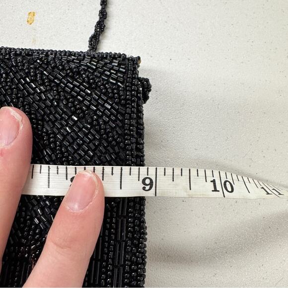 Vintage Black Beaded Handbag Evening Bag Foldover Classic Night Out - Picture 13 of 14